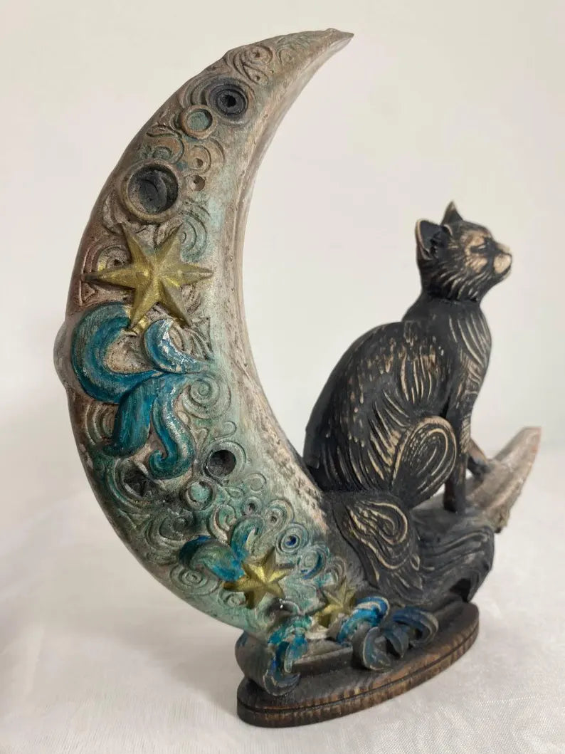 Cat statue Moon cat Luna Cat Cat totem Cat figurine Cat decor Wooden cat Cat gift Cat carving Hand carved cat Cat art Animal totem