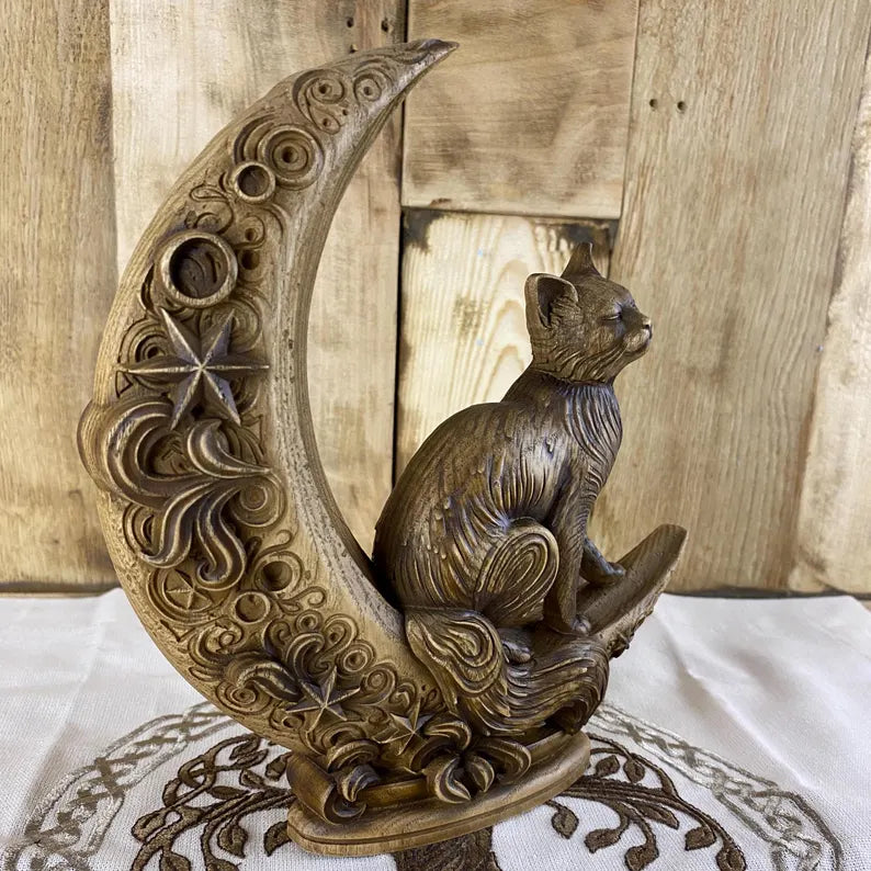 Cat statue Moon cat Luna Cat Cat totem Cat figurine Cat decor Wooden cat Cat gift Cat carving Hand carved cat Cat art Animal totem