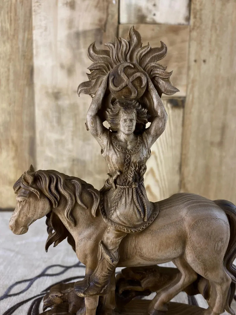Yarilo Wooden Statue – Hand Carved Slavic Sun God Figurine Pagan Mythology Decor