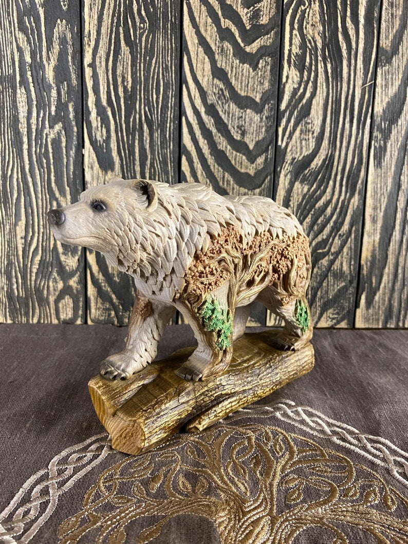 Wood Bear Sculpture – Hand Carved Forest Animal Statue, Rustic Woodland Nature Decor