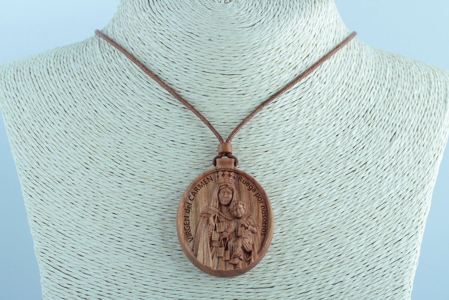 Divine Grace and Protection: Our Lady of Mount Carmel Wood Necklace