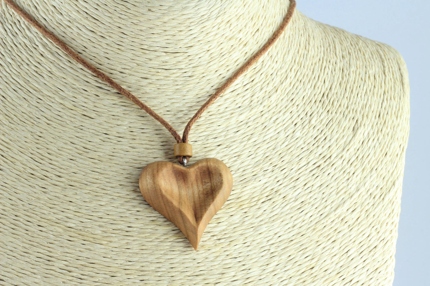 Hand-Carved Cherry Wood Heart Necklace