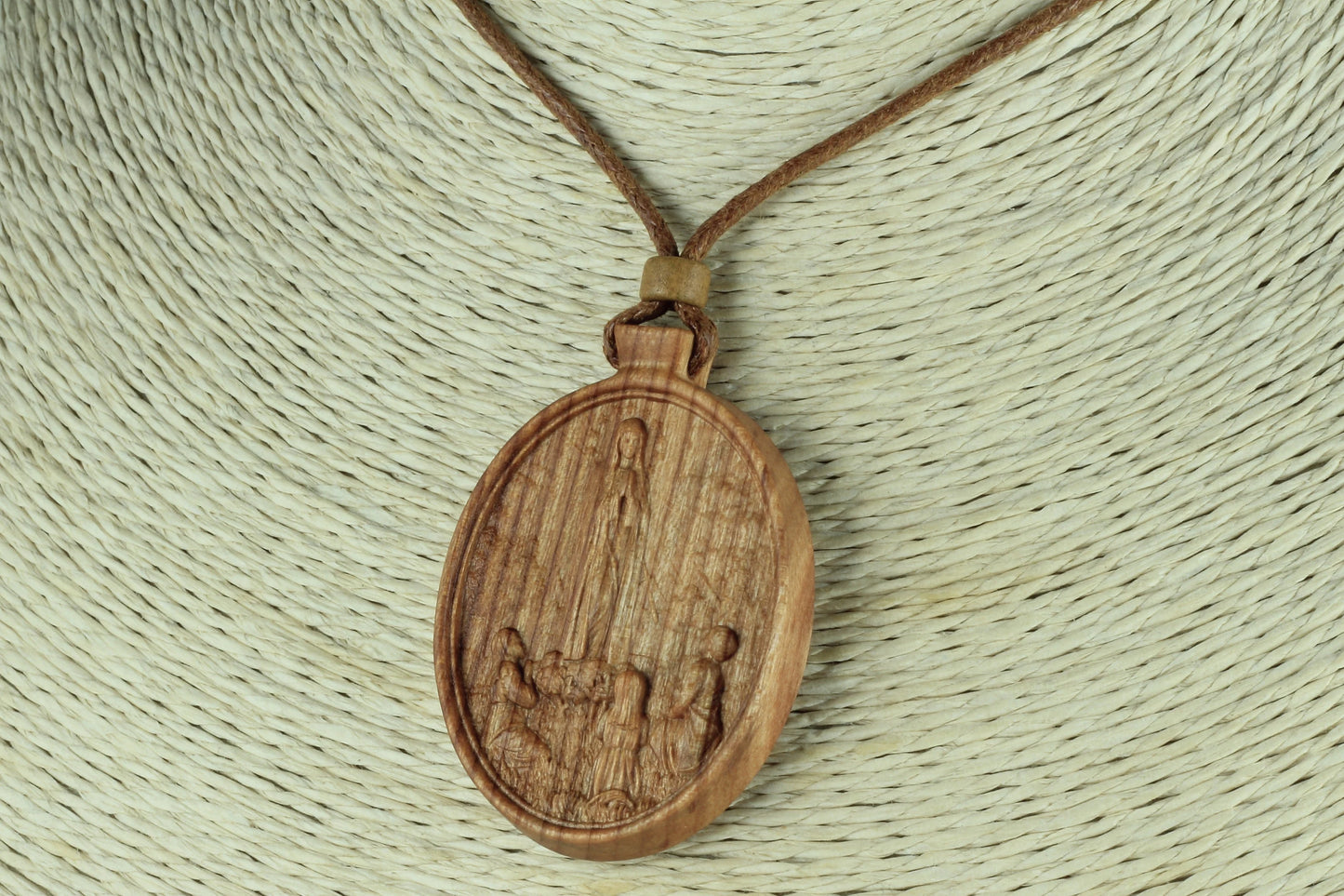 Our Lady of Fatima Medallion Wood Necklace