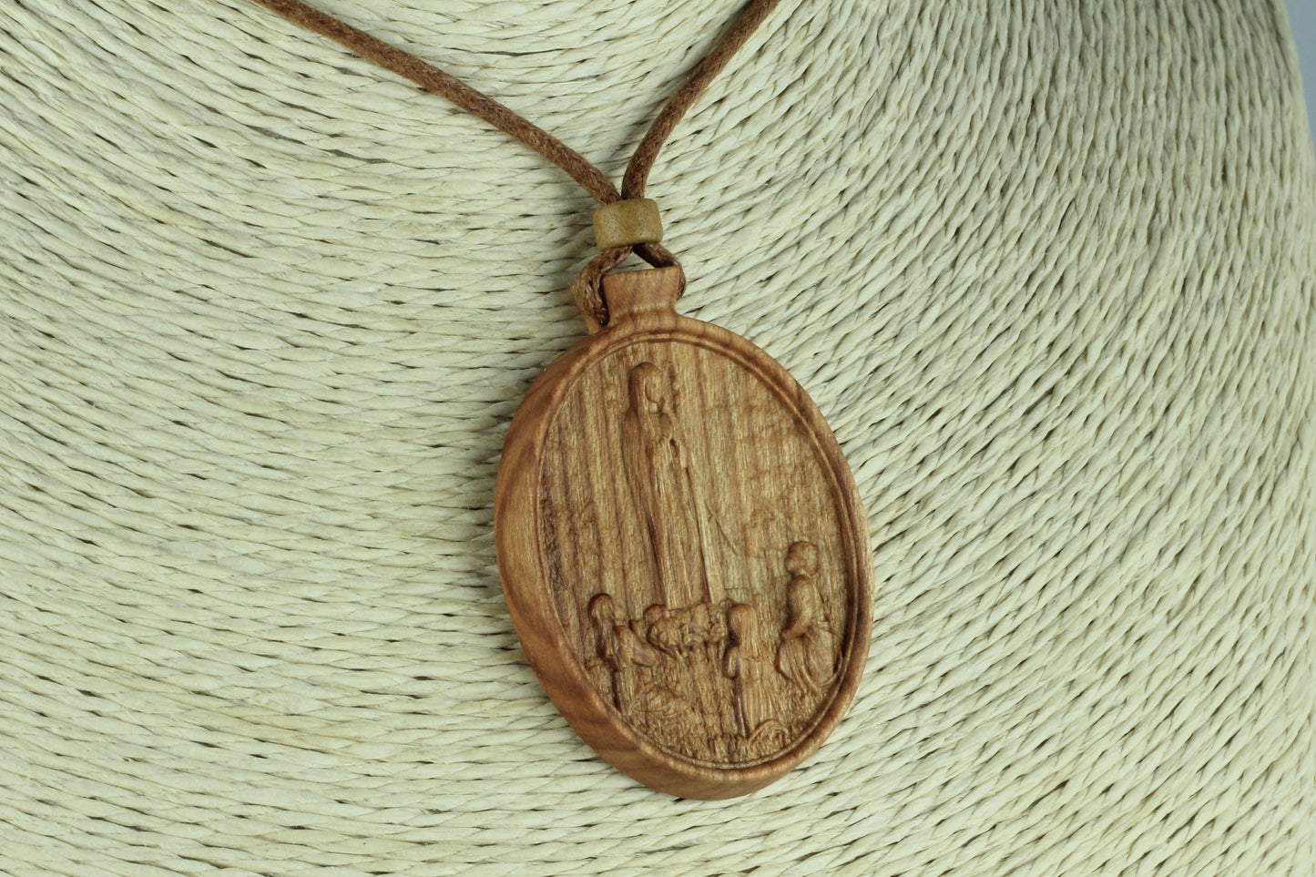 Our Lady of Fatima Medallion Wood Necklace
