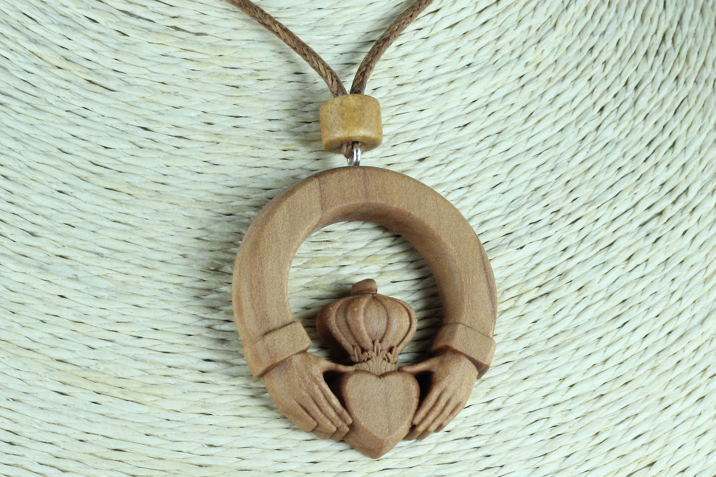 Handcrafted Pear Wood Claddagh Necklace - Celtic Pendant, Made In Ireland
