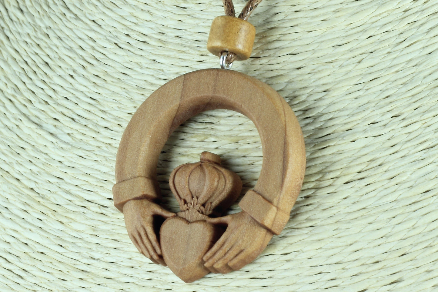 Handcrafted Pear Wood Claddagh Necklace - Celtic Pendant, Made In Ireland