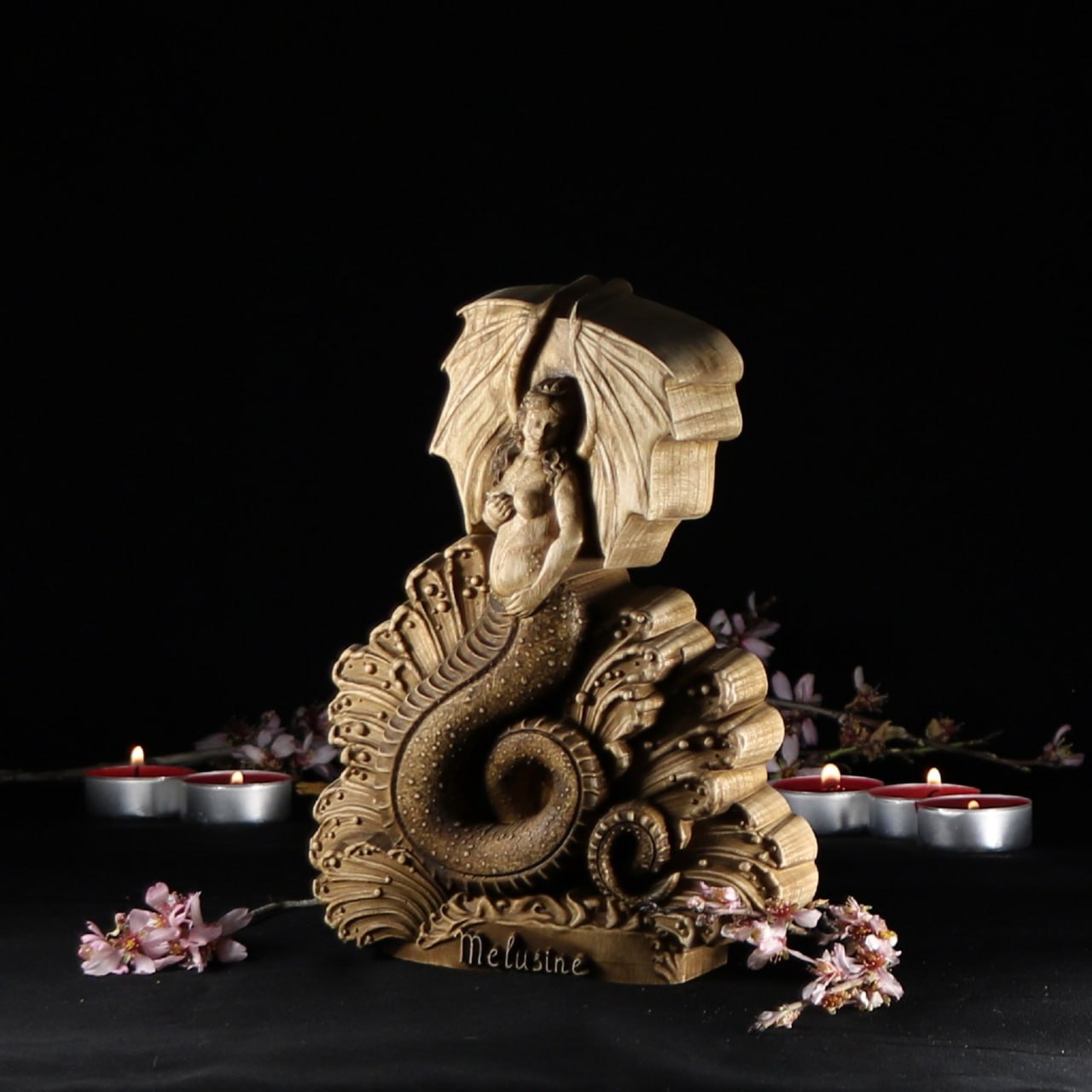 Melusine: Handcrafted Wooden Statue of a Mythical Water Spirit