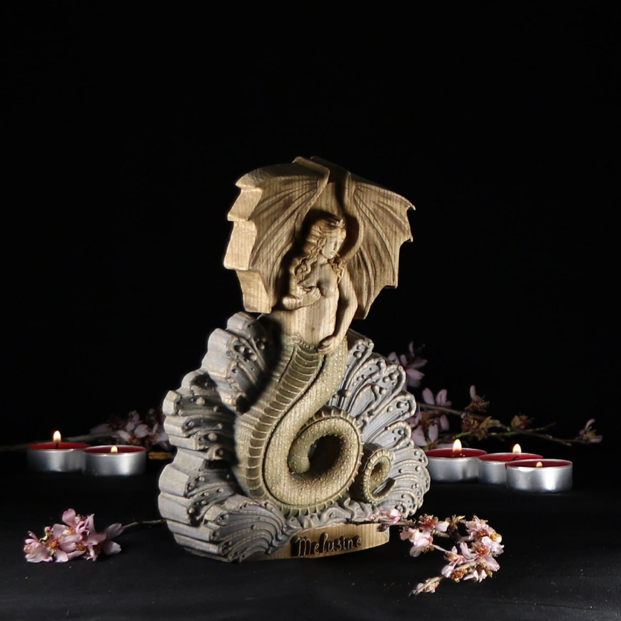 Melusine: Handcrafted Wooden Statue of a Mythical Water Spirit