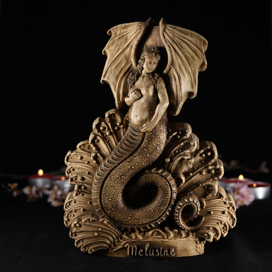 Melusine: Handcrafted Wooden Statue of a Mythical Water Spirit