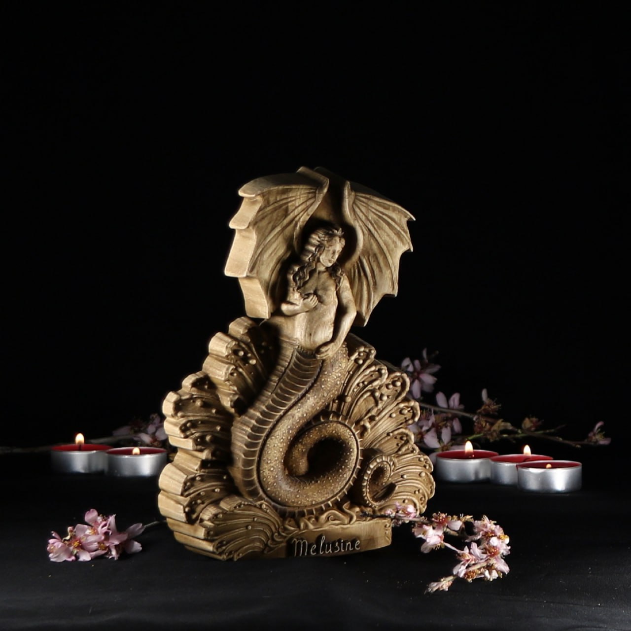 Melusine: Handcrafted Wooden Statue of a Mythical Water Spirit