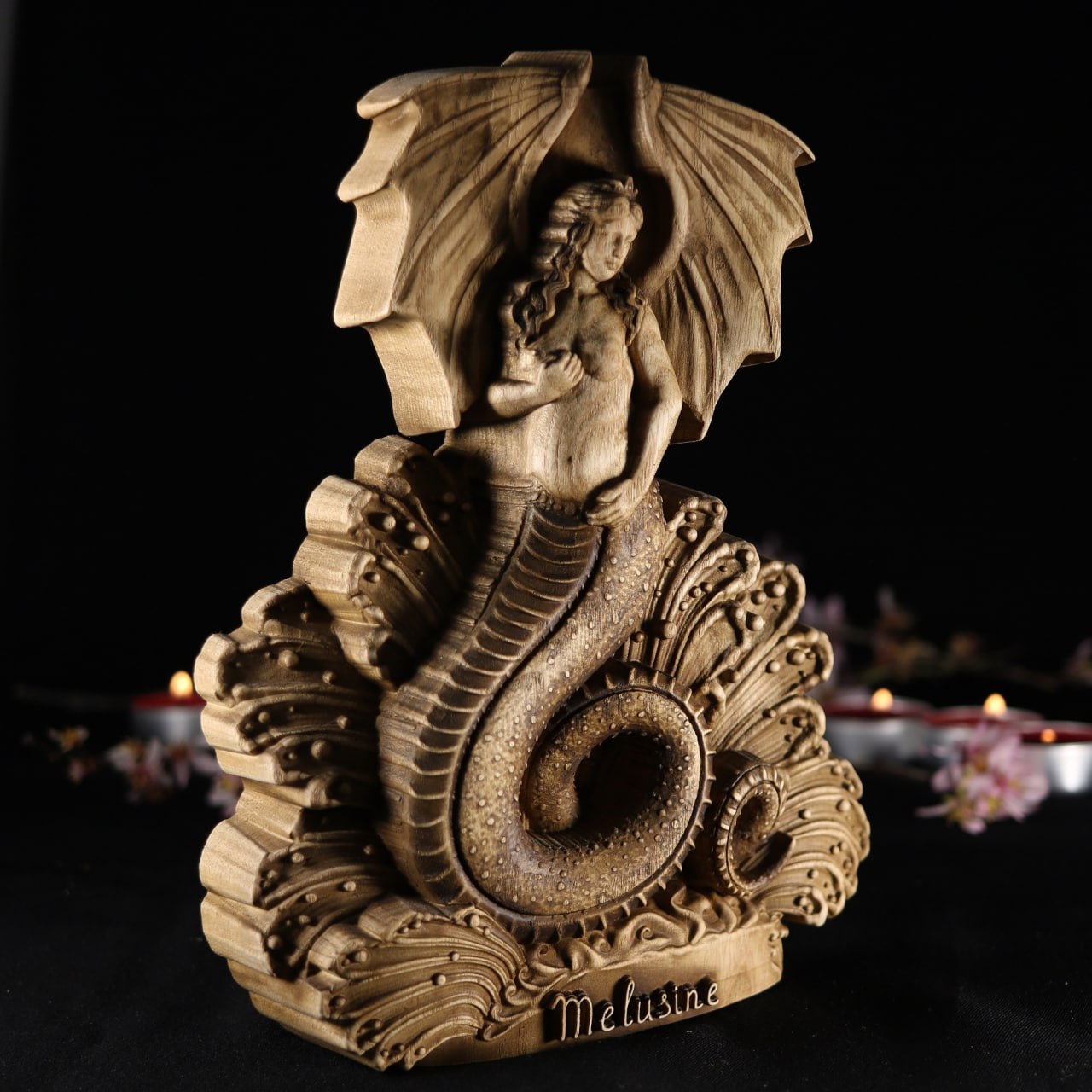 Melusine: Handcrafted Wooden Statue of a Mythical Water Spirit