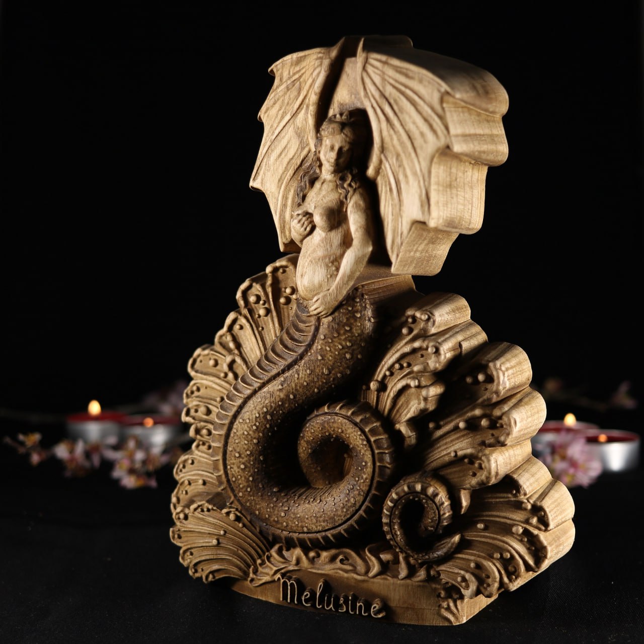 Melusine: Handcrafted Wooden Statue of a Mythical Water Spirit