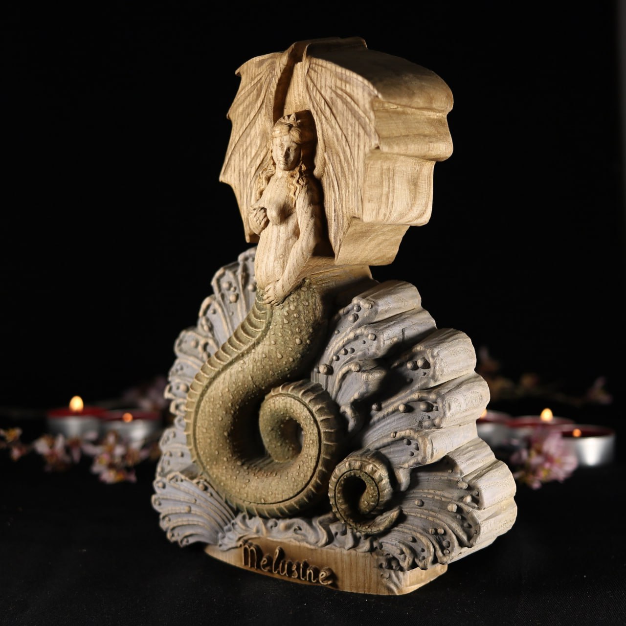 Melusine: Handcrafted Wooden Statue of a Mythical Water Spirit