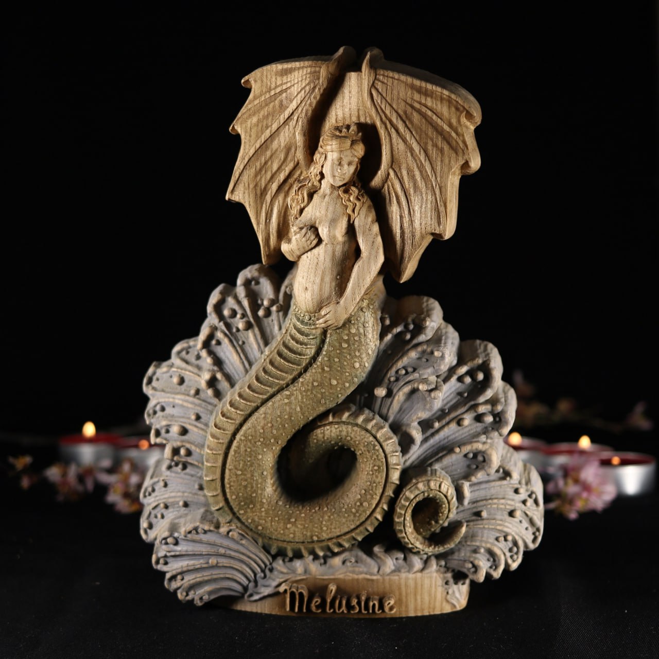 Melusine: Handcrafted Wooden Statue of a Mythical Water Spirit