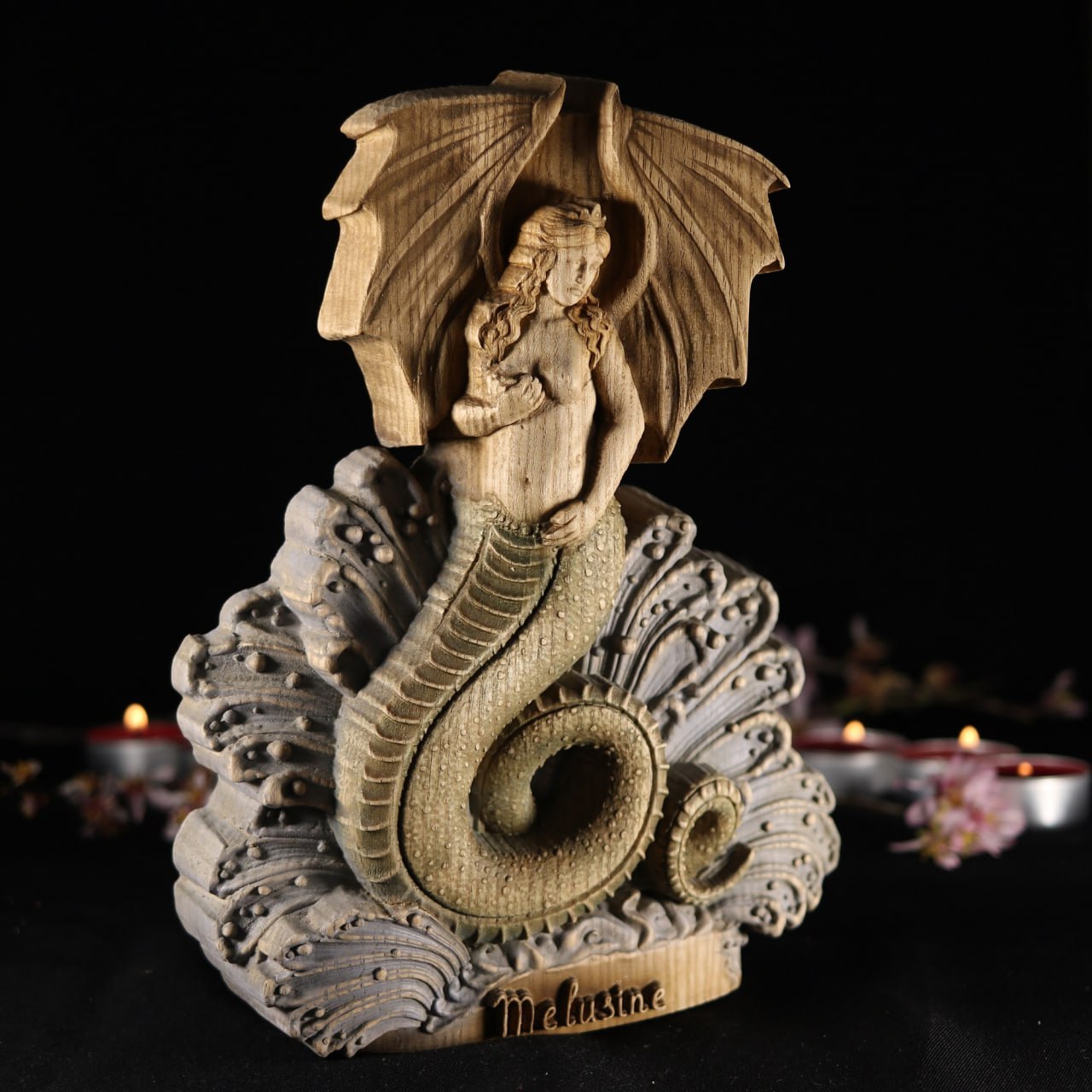 Melusine: Handcrafted Wooden Statue of a Mythical Water Spirit