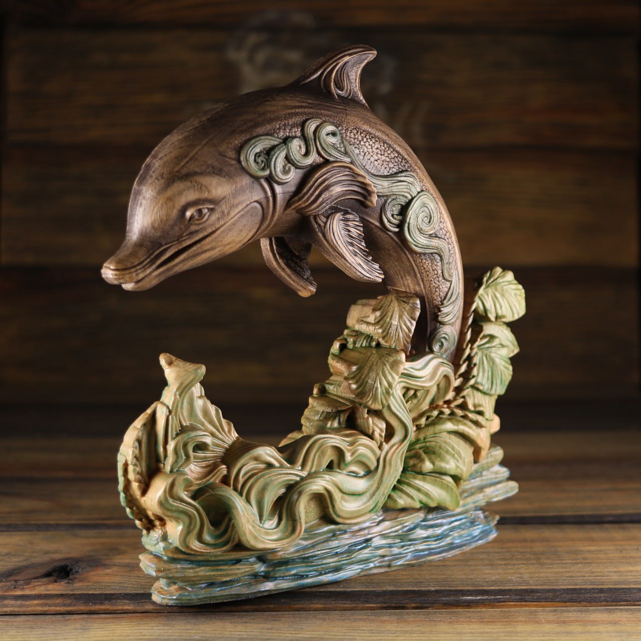 Handmade Wooden Dolphin Statue Carving | Beautiful Decorative Piece