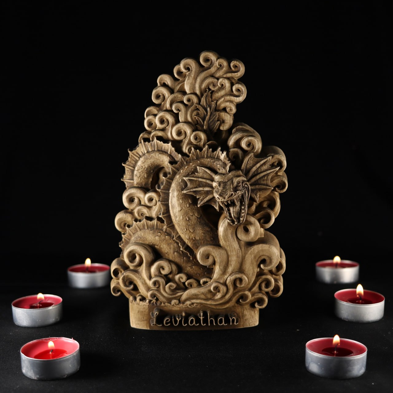 Wooden Leviathan Statue: Handcrafted Mythological Dragon Sculpture