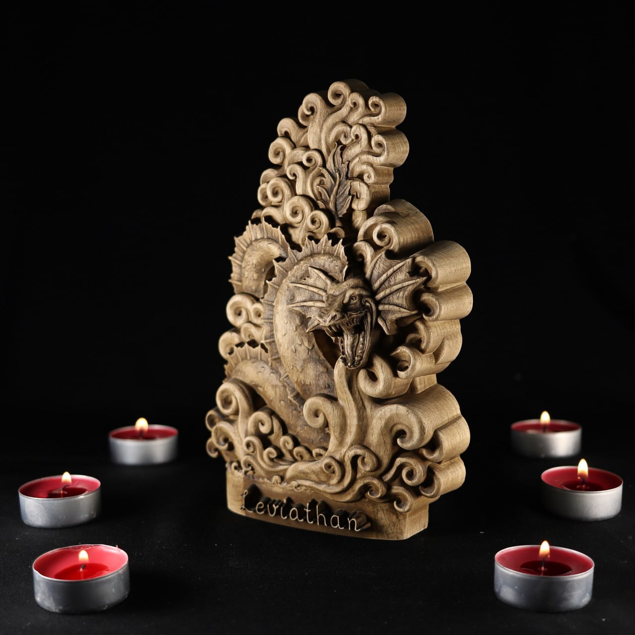 Wooden Leviathan Statue: Handcrafted Mythological Dragon Sculpture
