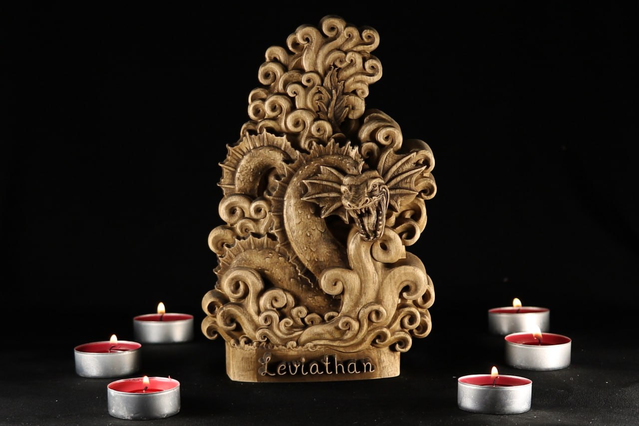 Wooden Leviathan Statue: Handcrafted Mythological Dragon Sculpture
