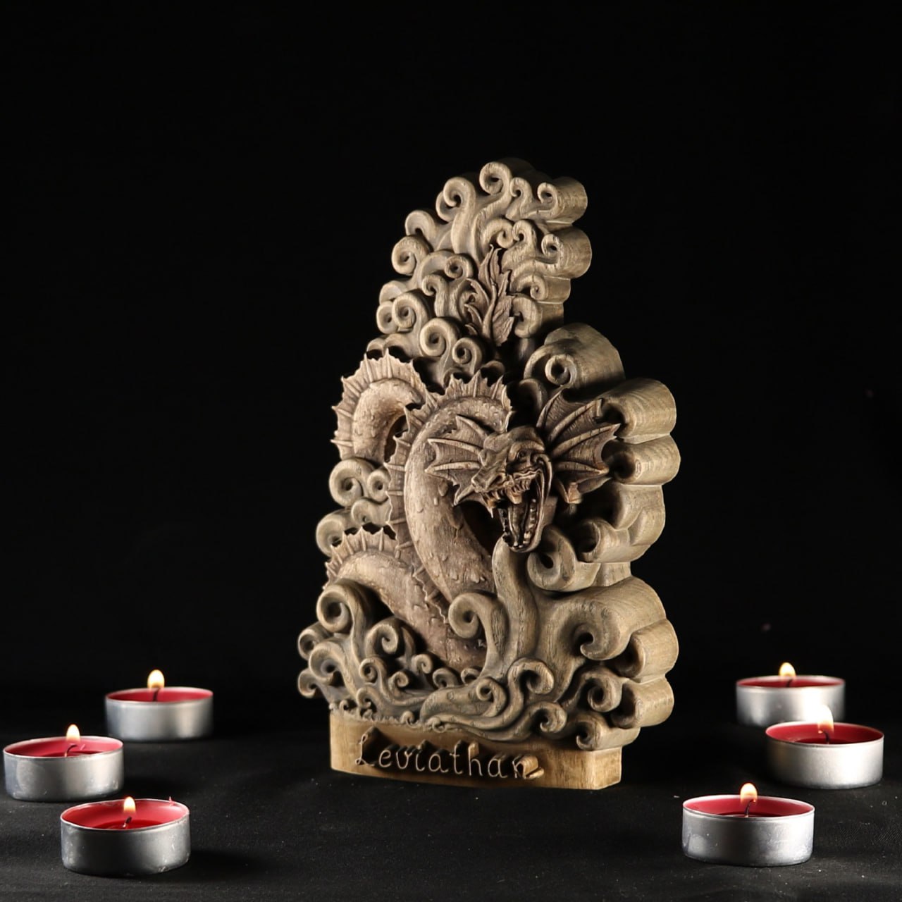 Wooden Leviathan Statue: Handcrafted Mythological Dragon Sculpture