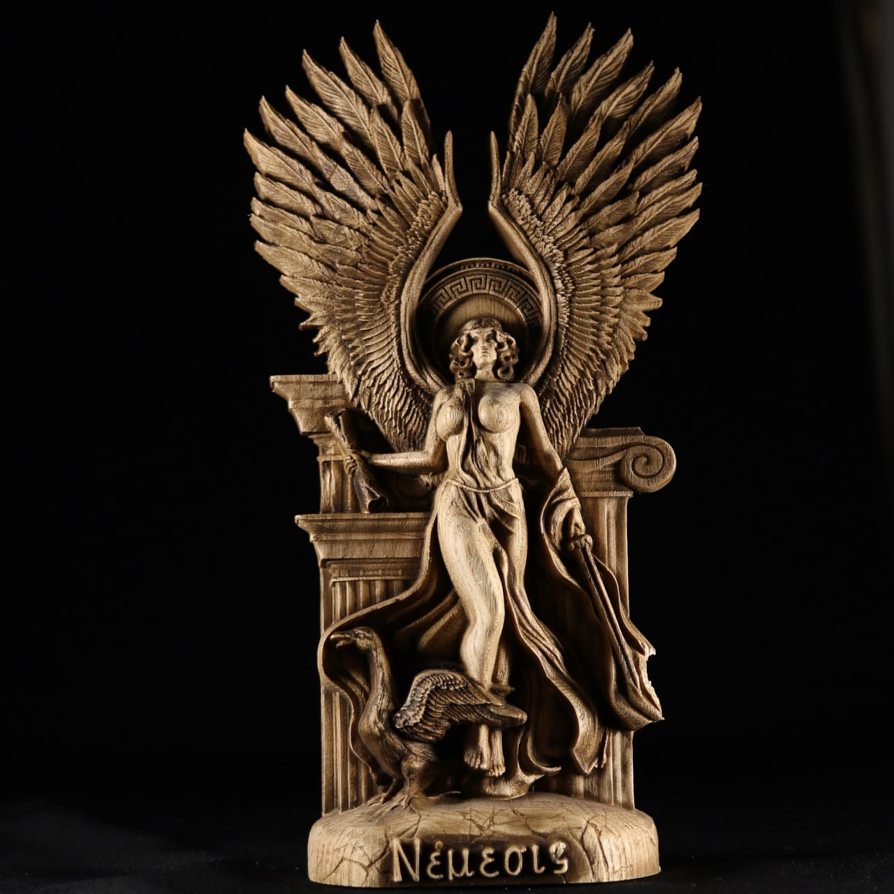 Nemesis: Handmade Wooden Statue Carving of the Greek Goddess of Vengeance