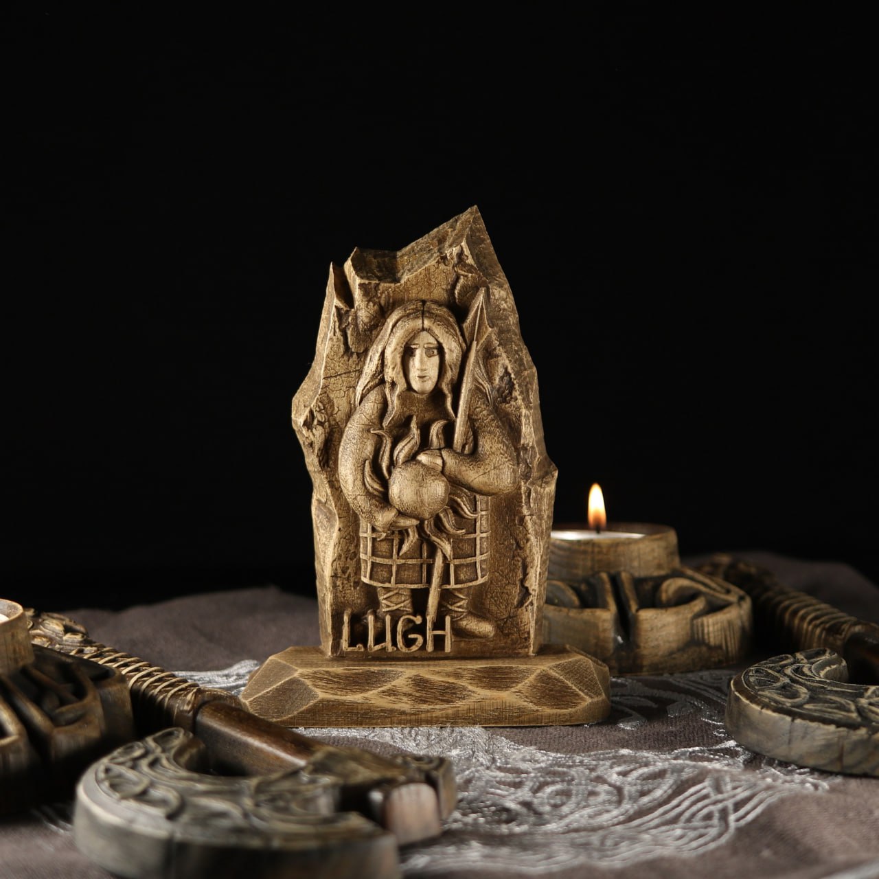 Handmade Wooden Statue Carving of Lugh, the God of Light and Crafts