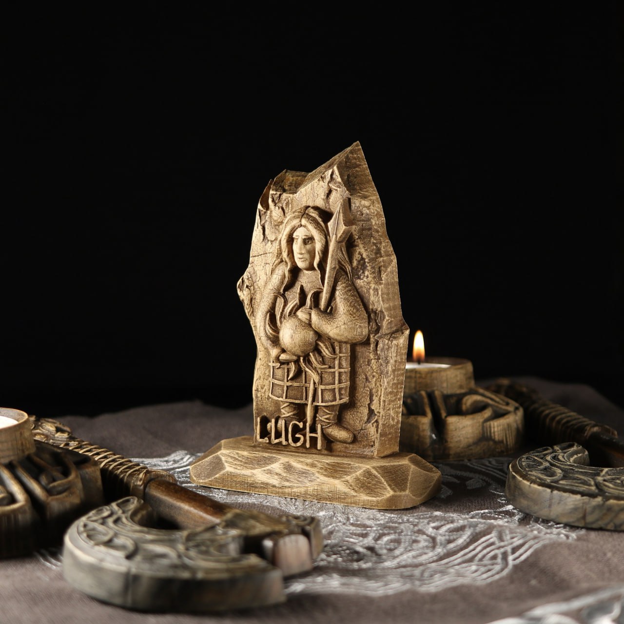Handmade Wooden Statue Carving of Lugh, the God of Light and Crafts