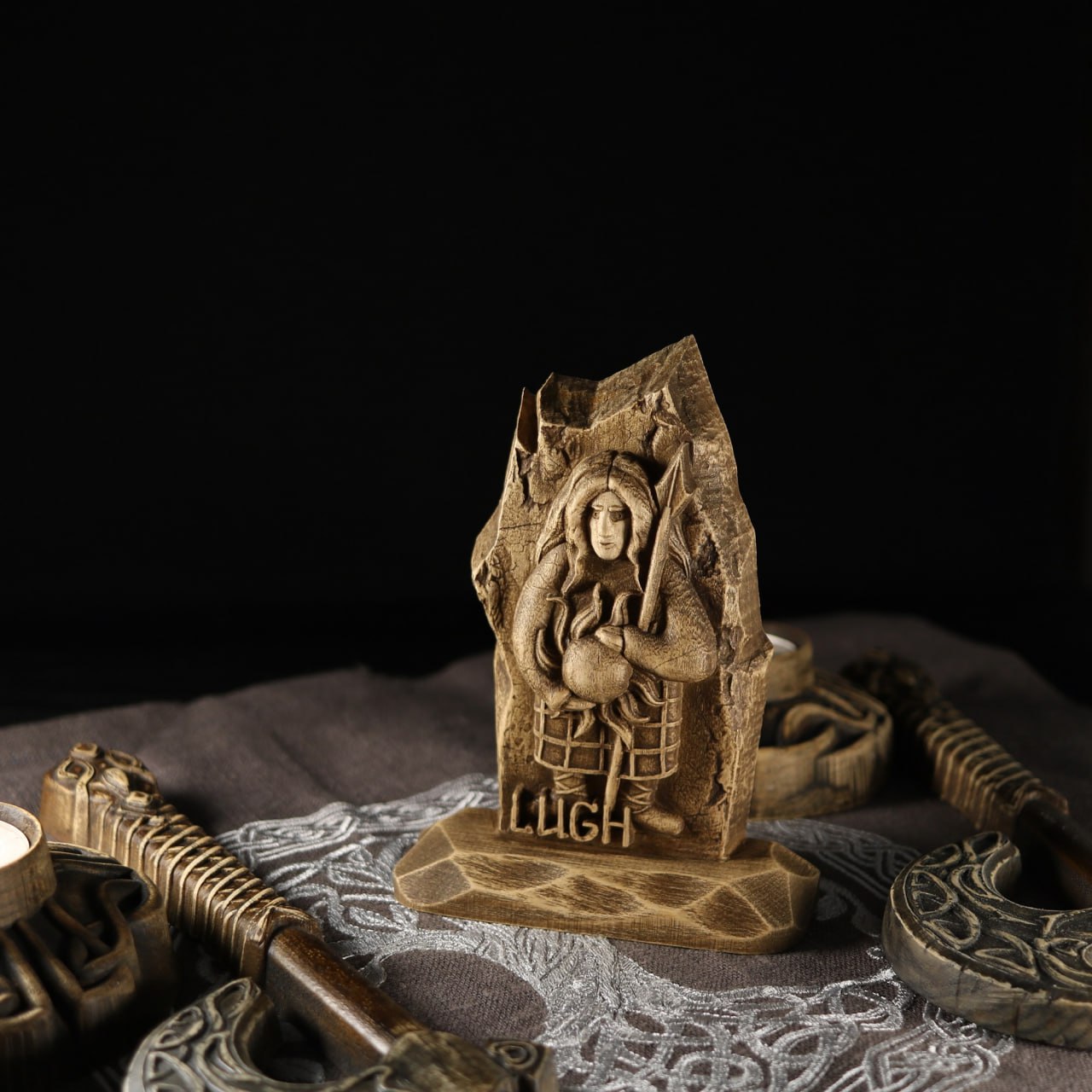 Handmade Wooden Statue Carving of Lugh, the God of Light and Crafts