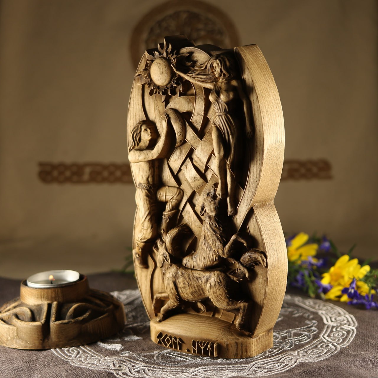 Handmade Norse Gods Hati and Skoll Wood Carving and Sculpture