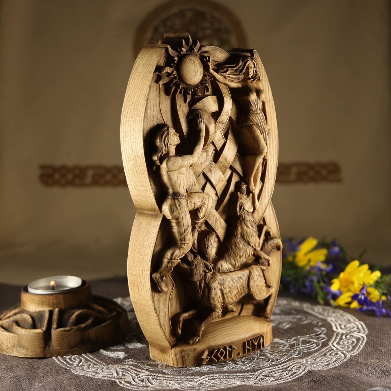 Handmade Norse Gods Hati and Skoll Wood Carving and Sculpture