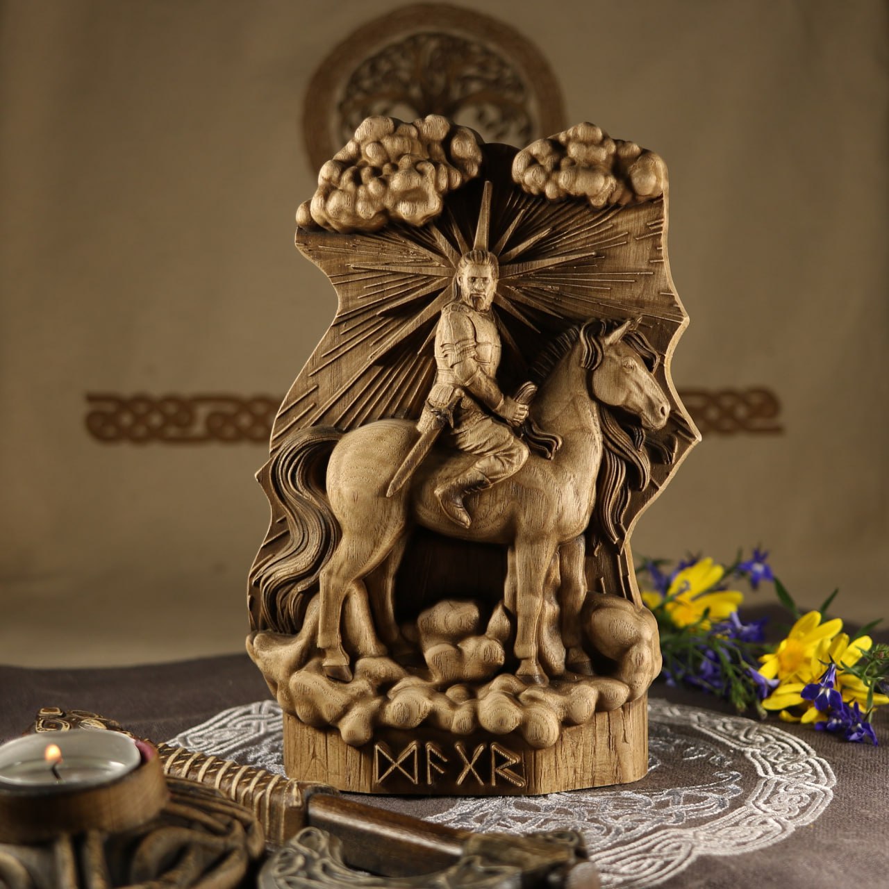 A Majestic Norse Wood Carving Dagr Statue