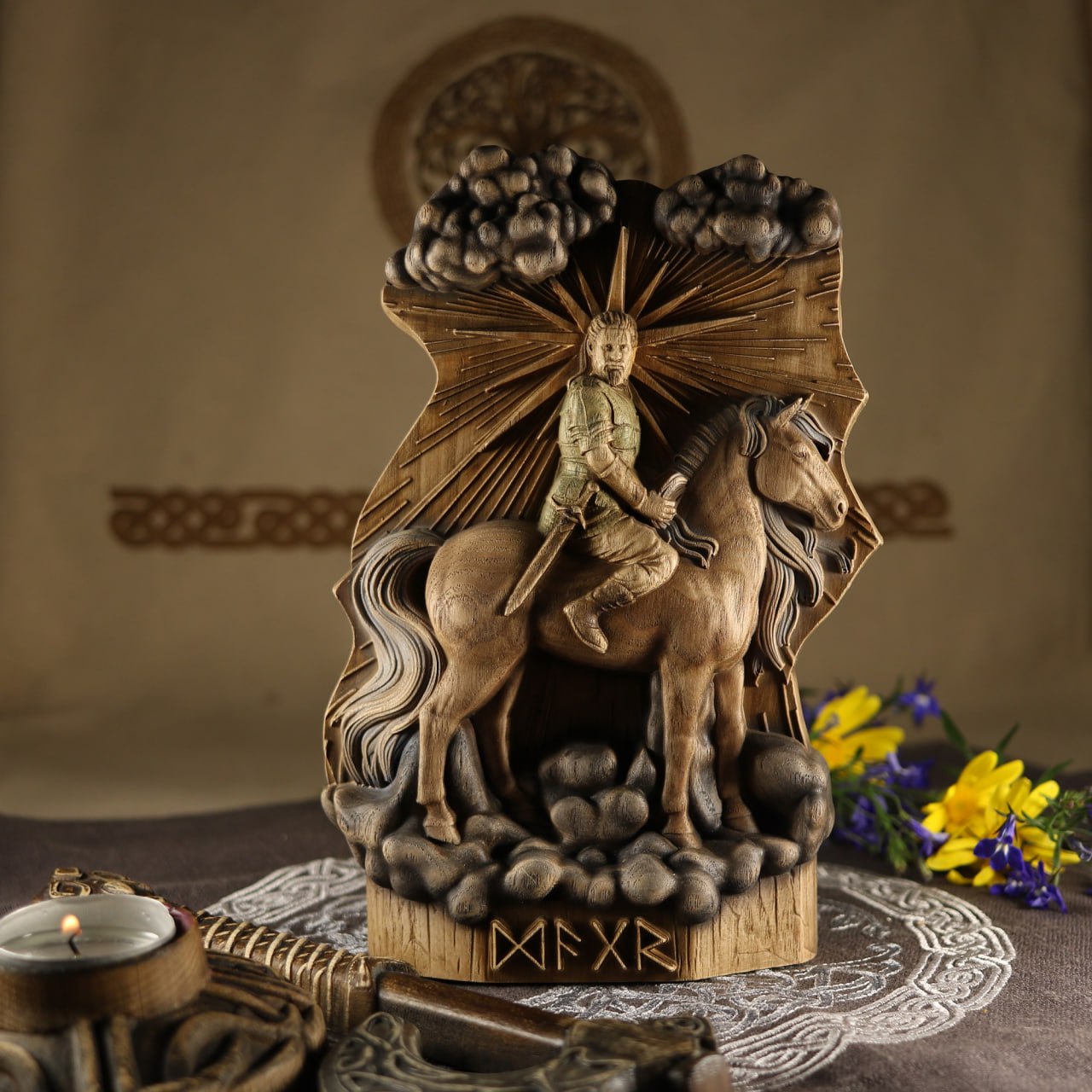A Majestic Norse Wood Carving Dagr Statue