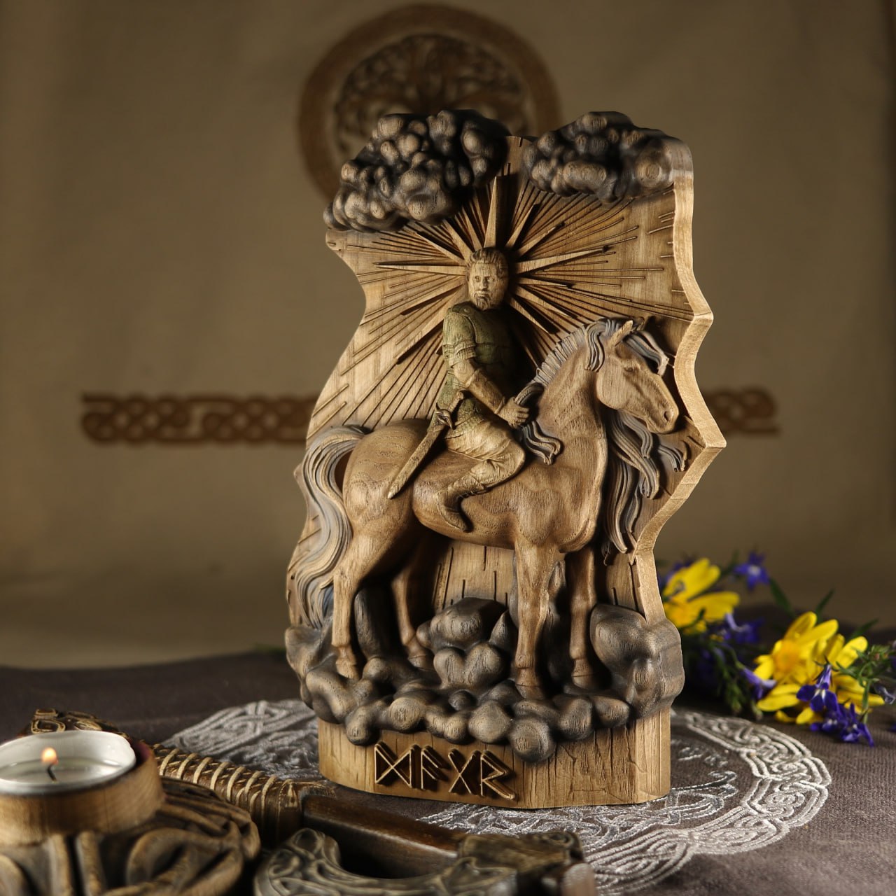 A Majestic Norse Wood Carving Dagr Statue