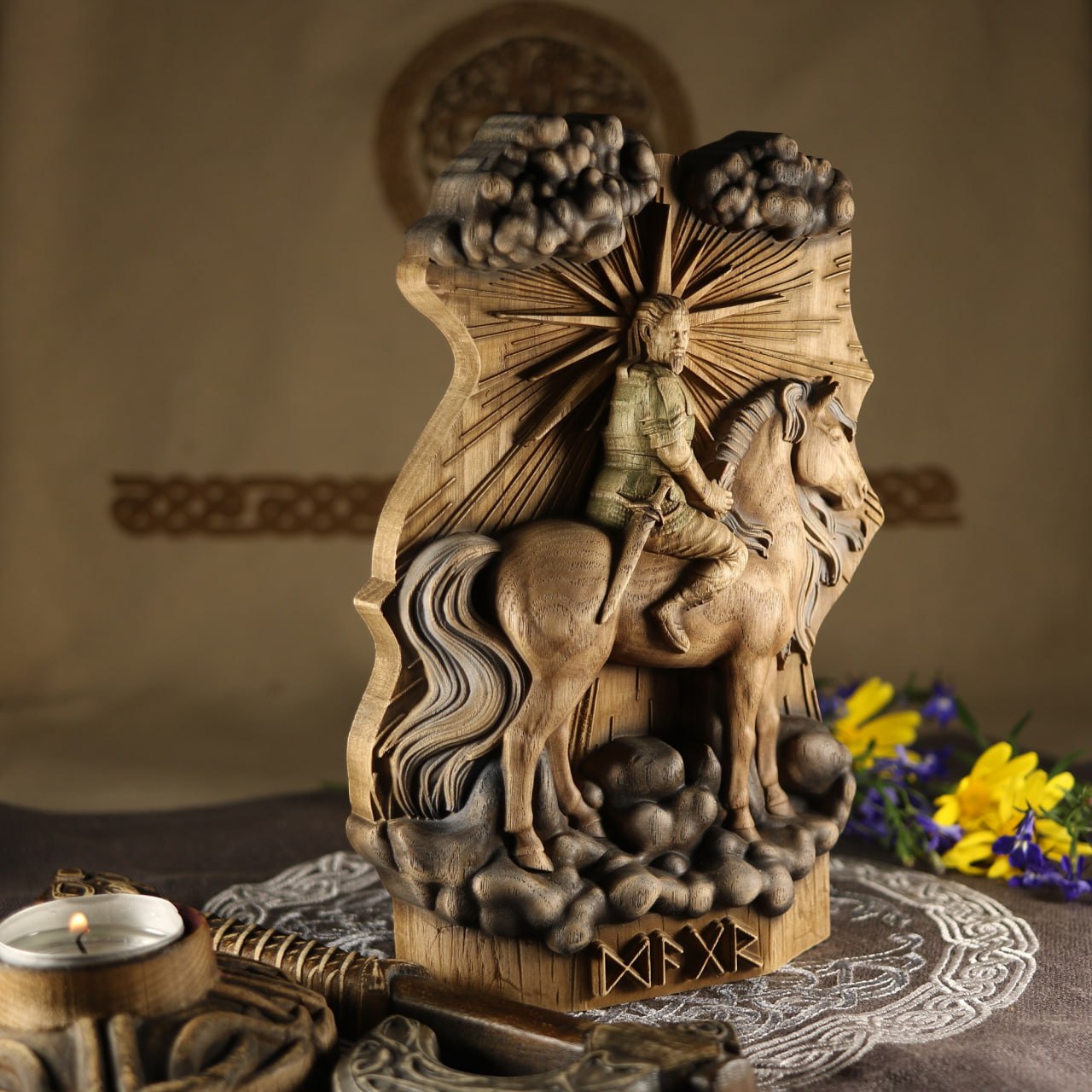 A Majestic Norse Wood Carving Dagr Statue