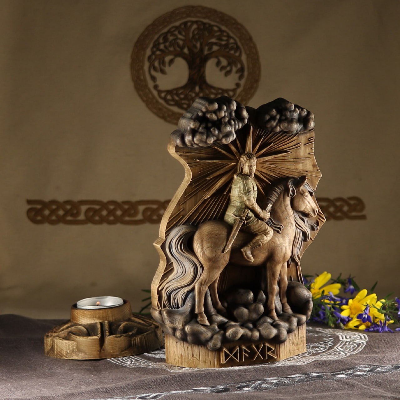 A Majestic Norse Wood Carving Dagr Statue