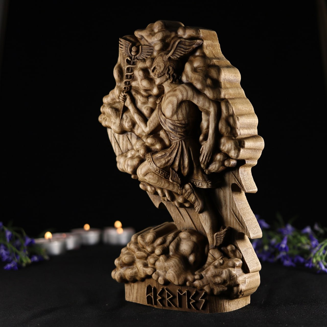 Exquisite Wooden Hermes Statue