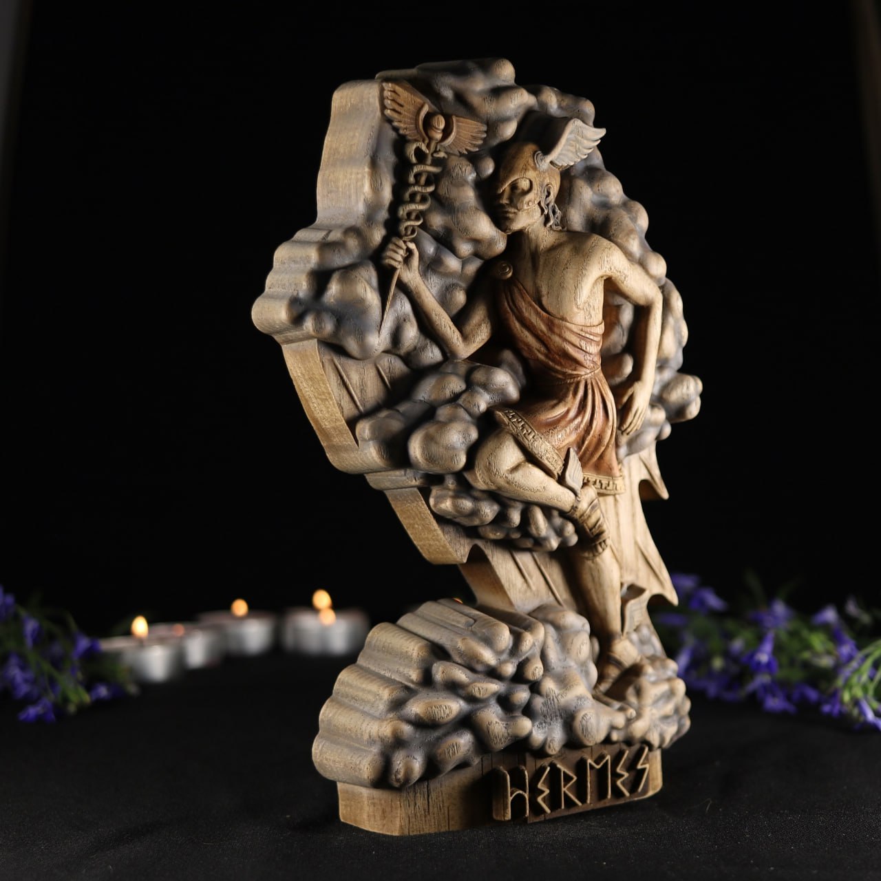 Exquisite Wooden Hermes Statue