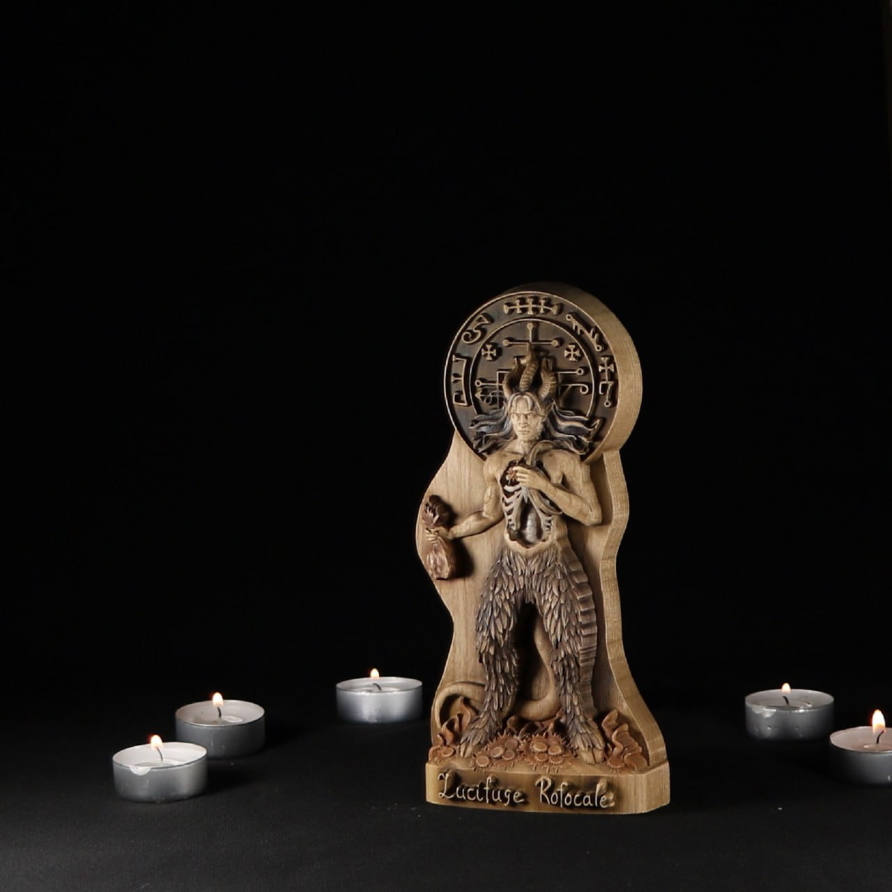 Lucifuge Rofocale Wooden Statue - Mystical Demon Artwork for Occult Enthusiasts