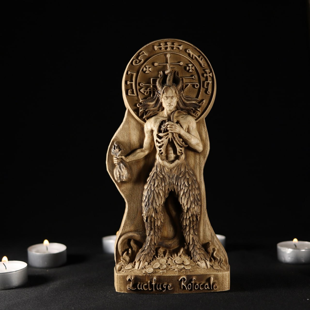 Lucifuge Rofocale Wooden Statue - Mystical Demon Artwork for Occult Enthusiasts