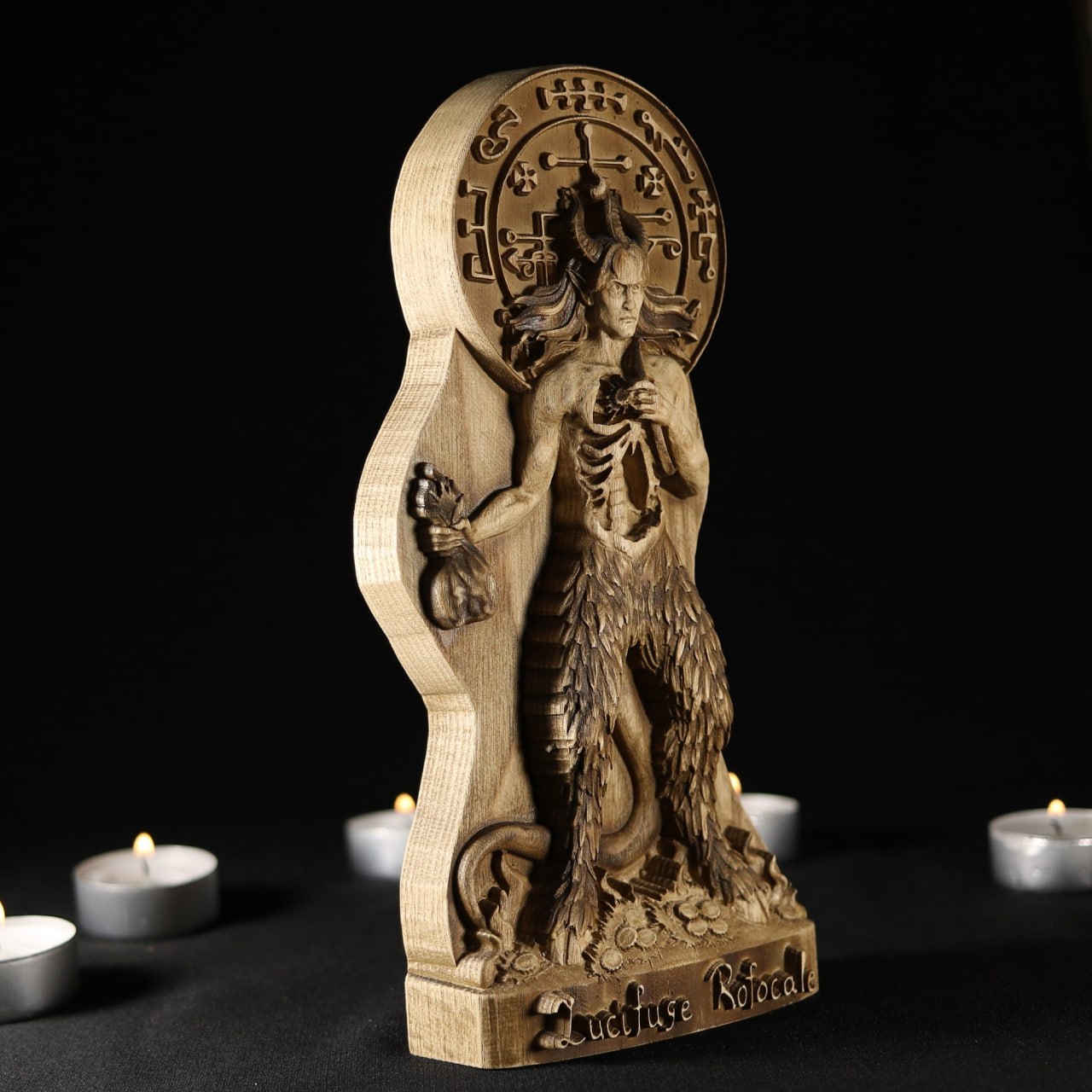 Lucifuge Rofocale Wooden Statue - Mystical Demon Artwork for Occult Enthusiasts