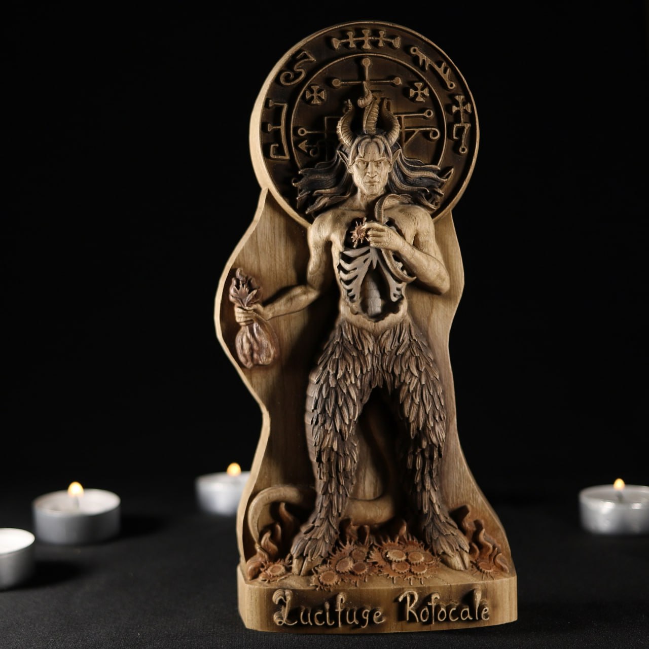 Lucifuge Rofocale Wooden Statue - Mystical Demon Artwork for Occult Enthusiasts