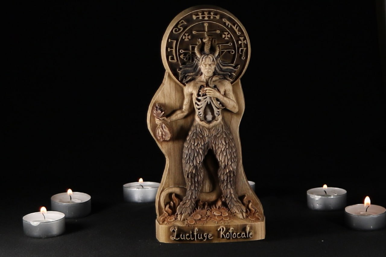 Lucifuge Rofocale Wooden Statue - Mystical Demon Artwork for Occult Enthusiasts