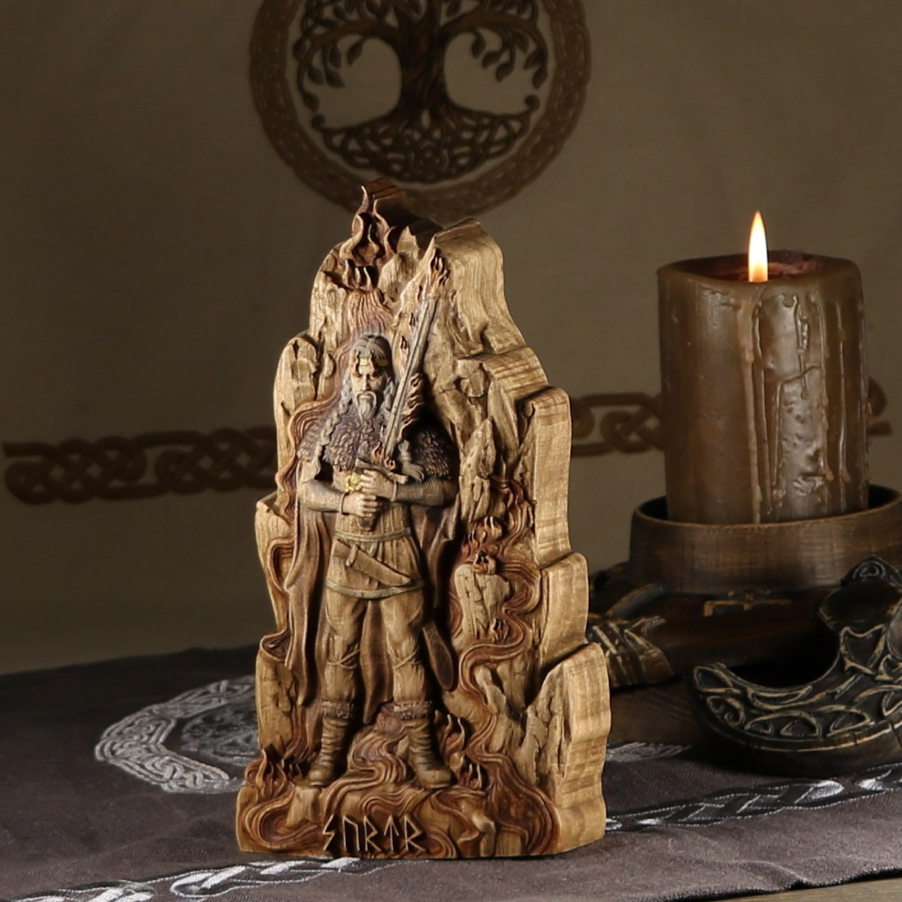 Surtr, The Mighty Fire Giant: Handcrafted Wood Carved Statue from Norse Mythology