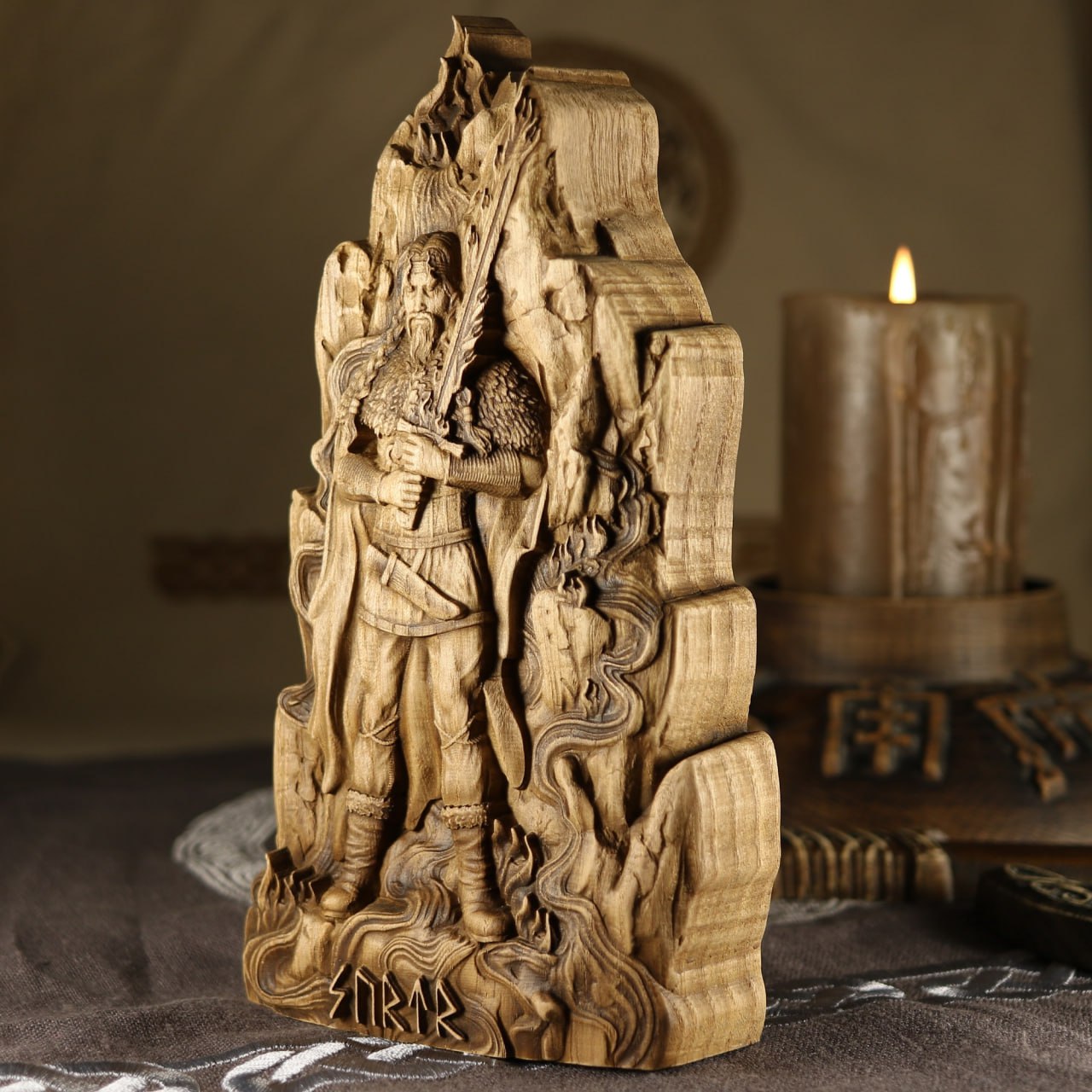 Surtr, The Mighty Fire Giant: Handcrafted Wood Carved Statue from Norse Mythology