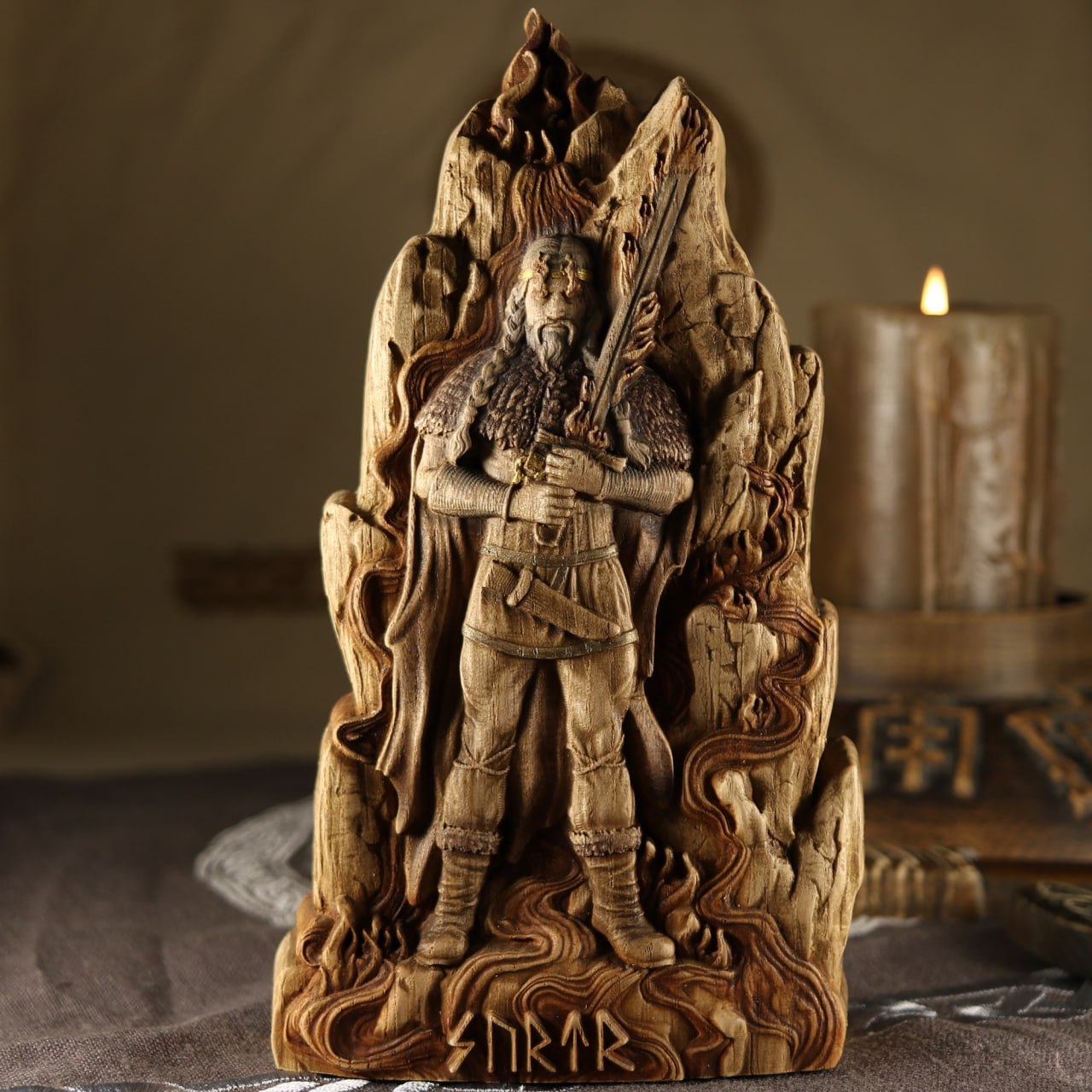 Surtr, The Mighty Fire Giant: Handcrafted Wood Carved Statue from Norse Mythology