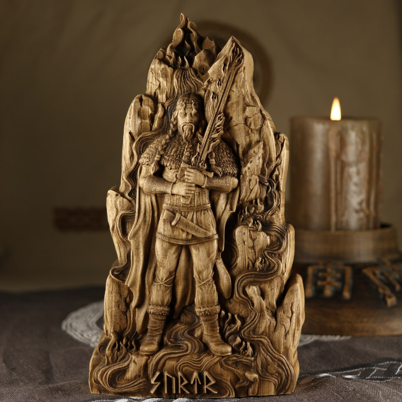 Surtr, The Mighty Fire Giant: Handcrafted Wood Carved Statue from Norse Mythology