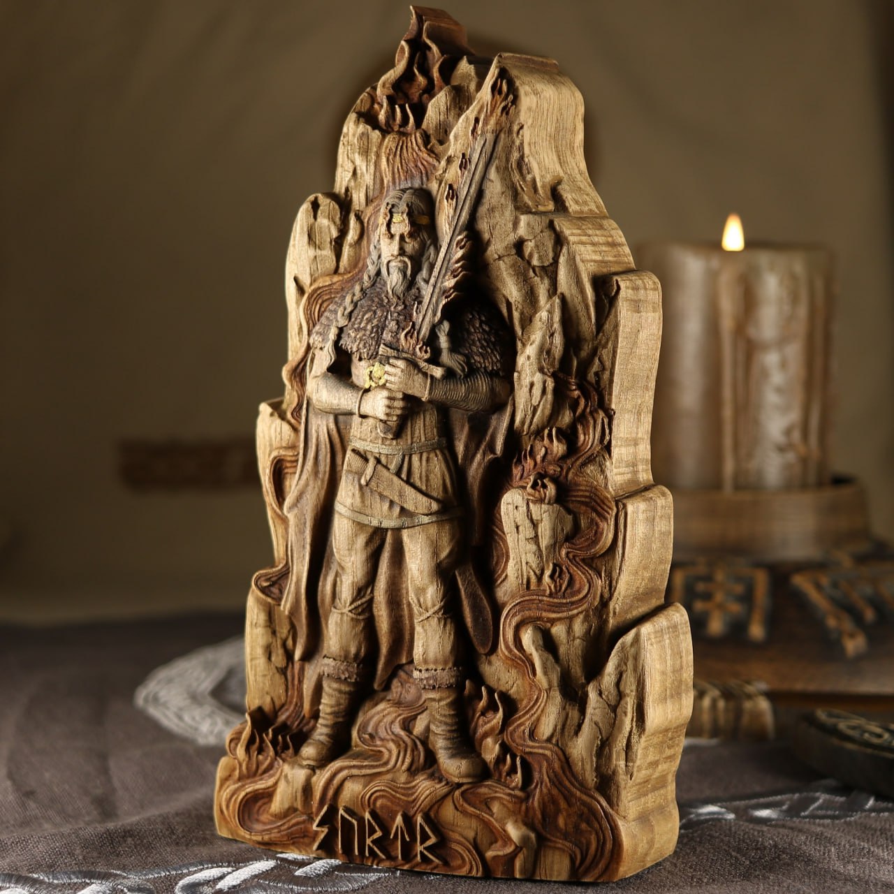 Surtr, The Mighty Fire Giant: Handcrafted Wood Carved Statue from Norse Mythology