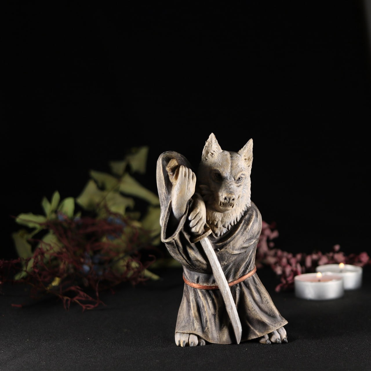 Akita Dog Samurai Sculpture Exquisite Wood