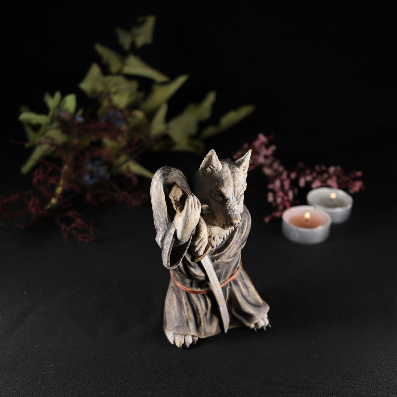 Akita Dog Samurai Sculpture Exquisite Wood
