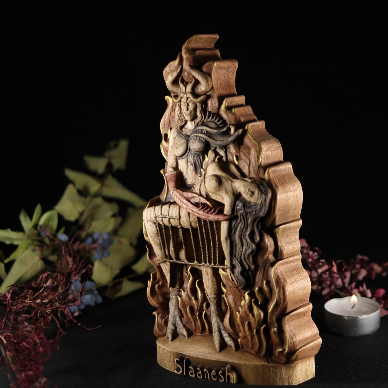 Slaanesh Wooden Carved Statue: Captivating Representation of Desire Luxury and Transformation
